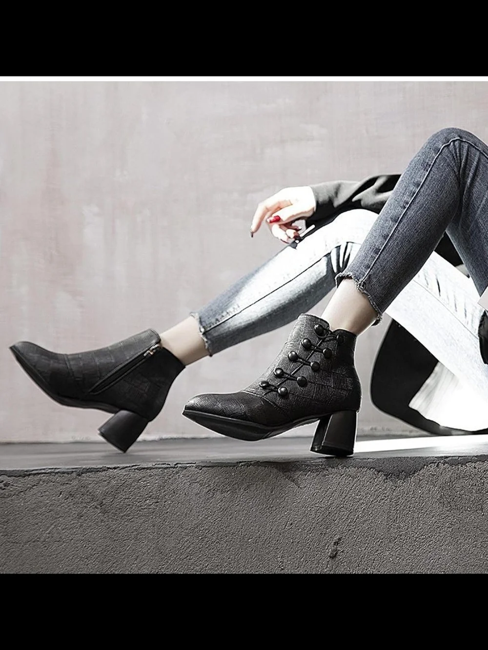 Black Women's Textured Button-Accent Ankle Boot